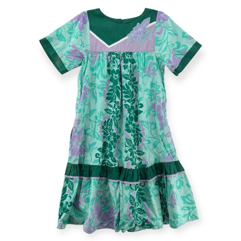Vintage Carol Bennett Muumuu‎ Hawaiian Dress Womens Small Green Floral Ruffle